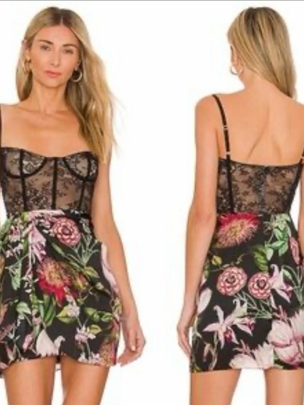 Katie May Black Lace Bustier Mini Dress with Pink Floral Skirt